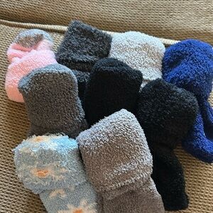 9 pairs Preworn fuzzy socks gray black blue pink